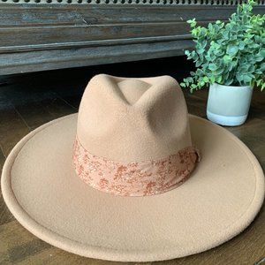 Boho Wide Brim Hat Taupe with Stylish Flower Band | Women's Fedora New with Tags